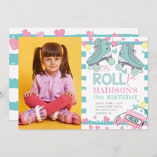 Roller Skaten Pastel Foto Girl Geburtstag Einladung (Vorne/Hinten)