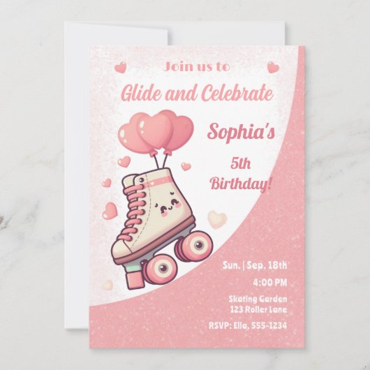 Roller Skaten Pink Heart Girl's Birthday Party Einladung (Vorderseite)