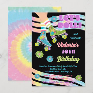 Roller Skaten Retro Glitzer Hippie Birthday Einladung