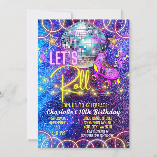 Roller Skaten Roll Disco Neon Pink Glow Einladung (Vorderseite)