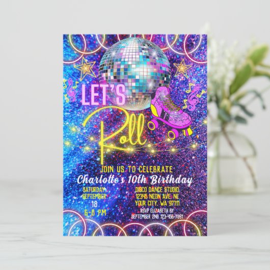 Roller Skaten Roll Disco Neon Pink Glow Einladung (Stehend Vorderseite)