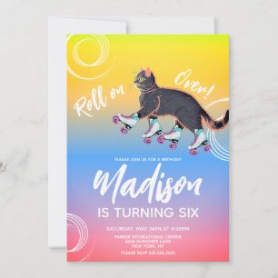 Roller Skates Kitten Schwarz Regenbogen Geburtstag Einladung