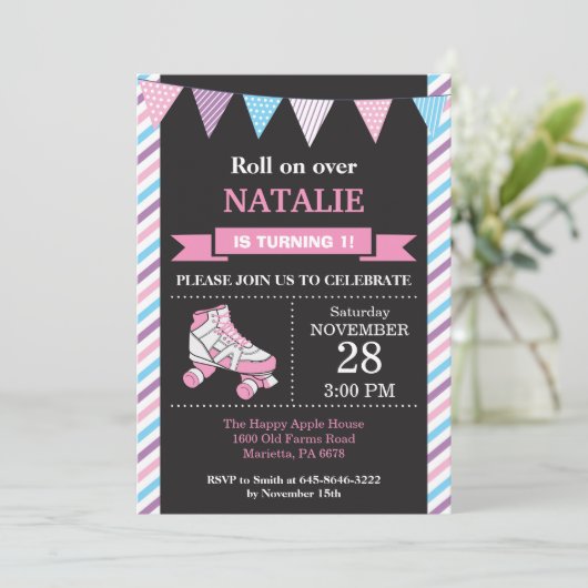 Roller Skating Birthday Invitation Birthday Party Einladung (Stehend Vorderseite)