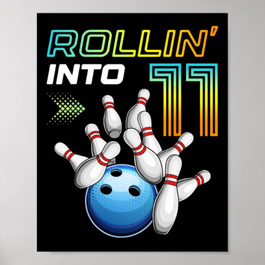 Rollin Into 11 Retro Bowling Birthday Party 11th B Poster (Vorne)