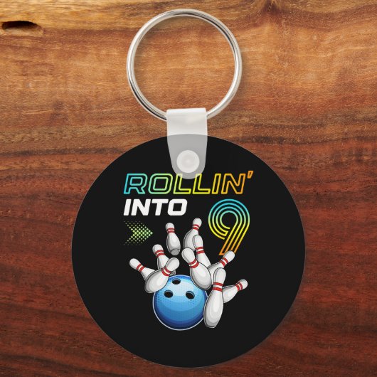 Rollin Into 9 Retro Bowling Birthday Party 9th Bir Schlüsselanhänger (Vorderseite)