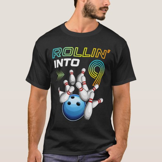 Rollin Into 9 Retro Bowling Birthday Party 9th Bir T-Shirt (Vorderseite)