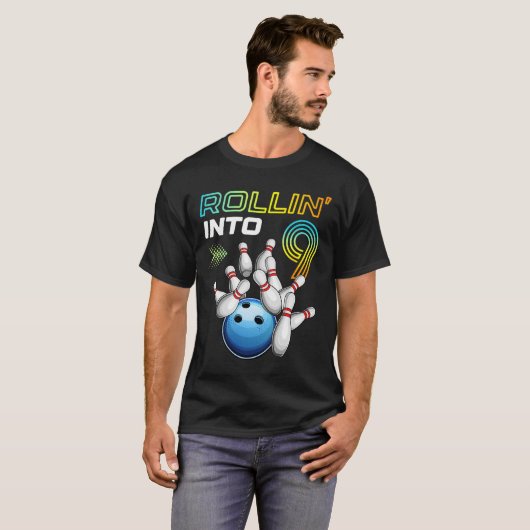 Rollin Into 9 Retro Bowling Birthday Party 9th Bir T-Shirt (Vorne ganz)