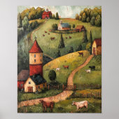 Rolling Hill Farm House Folk Art Ölgemälde Post Poster (Vorne)