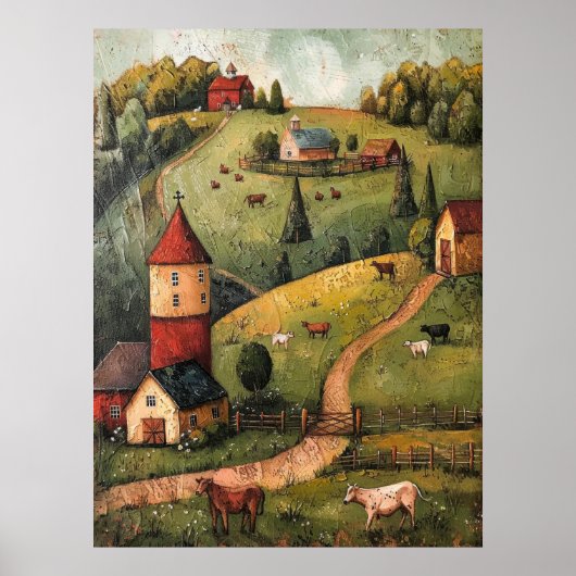 Rolling Hill Farm House Folk Art Ölgemälde Poster (Vorne)