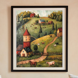 Rolling Hill Farm House Folk Art Ölgemälde Poster
