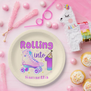 Rolling in 1 - Niedlicher Lila Roller Skate Geburt Pappteller