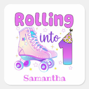 Rolling in 1   Roller Skater Geburtstagsfeier Quadratischer Aufkleber