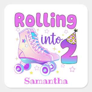 Rolling in 2   Roller Skater Geburtstagsfeier Quadratischer Aufkleber