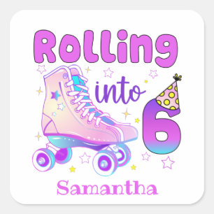 Rolling in 6 - Niedlicher Lila Roller Skate Geburt Quadratischer Aufkleber