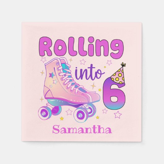 Rolling in 6 - Niedlicher Lila Roller Skate Geburt Serviette (Vorderseite)