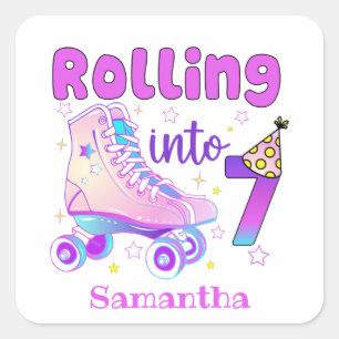 Rolling in 7   Roller Skater Geburtstagsfeier Quadratischer Aufkleber