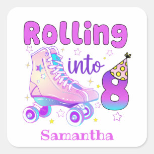Rolling in 8   Roller Skater Geburtstagsfeier Quadratischer Aufkleber