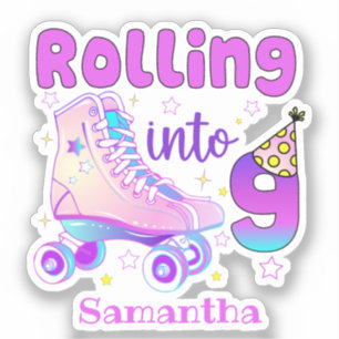 Rolling in 9   Roller Skater Geburtstagsfeier Aufkleber
