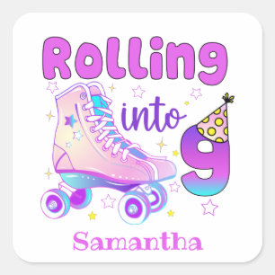 Rolling in 9   Roller Skater Geburtstagsfeier Quadratischer Aufkleber