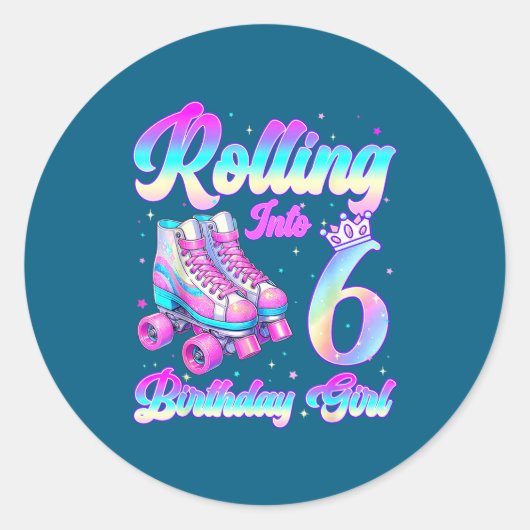 Rolling Into 6 Year Old Roller Skating 6th Birthda Runder Aufkleber (Vorderseite)