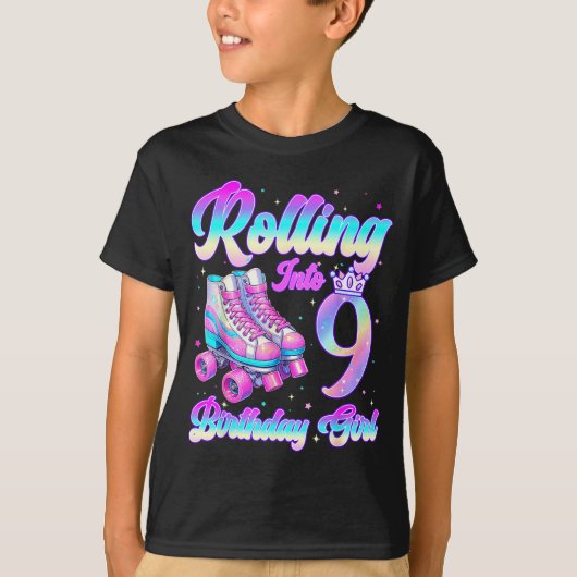 Rolling Into 9 Year Old Roller Skating 9th Birthda T-Shirt (Vorderseite)