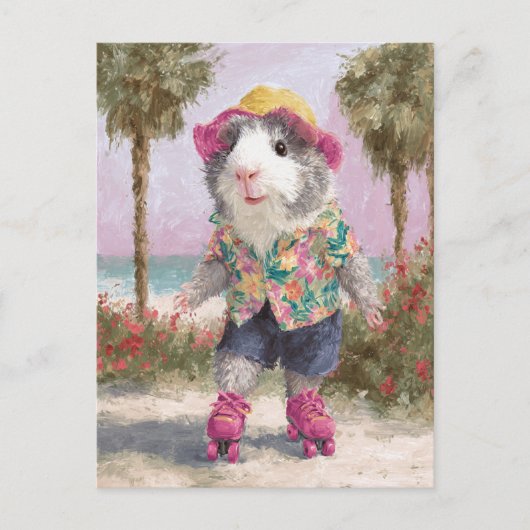 Rollschuhlaufen Guinea Schweinchen am Strand Postkarte (Vorderseite)