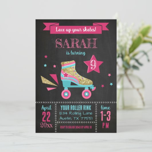Rollschuhlaufen Party Roller Skate Geburtstag Einladung (Stehend Vorderseite)