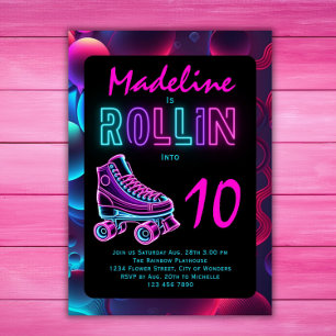 Rollschuhparty Mädchen Neon Glow Geburtstag Einladung