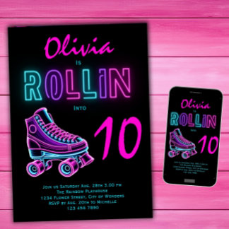 Rollschuhparty Mädchen Neon-Glow Geburtstag Einladung