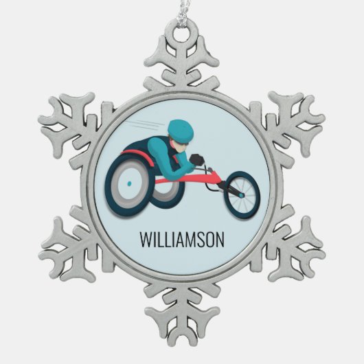 Rollstuhlfahren Schneeflocken Zinn-Ornament (Vorderseite)