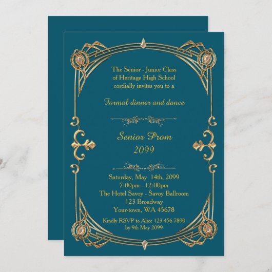 Rom Senior, Blue Green & Gold, Gatsby-Stil Einladung (Vorne/Hinten)