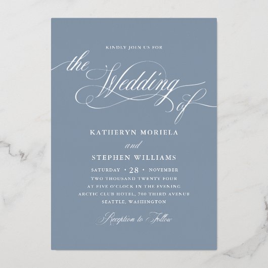 Roman Classic Script Calligraphy Wedding Silver Folieneinladung (Vorderseite)