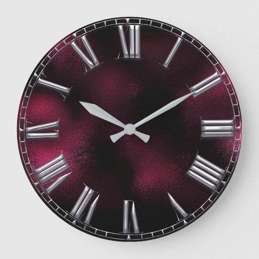 Roman Number Beet Burgundy Silver Gray Metal Große Wanduhr (Vorderseite)