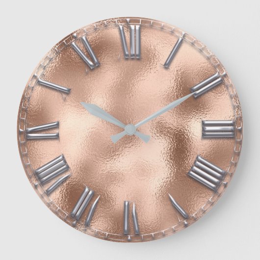Roman Number Rose Gold Blush Gray Metallic Große Wanduhr (Vorderseite)