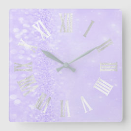 Roman Numbers Silver Gray Lavender Glitzer Glam Quadratische Wanduhr