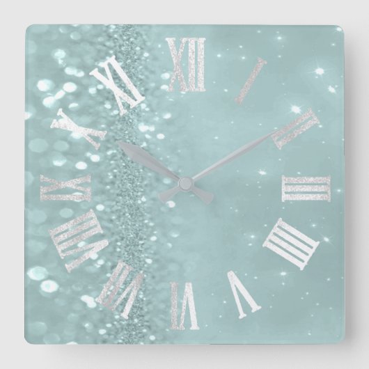 Roman Numbers Silver Gray Teal Mint Glitter Glam Quadratische Wanduhr (Vorderseite)