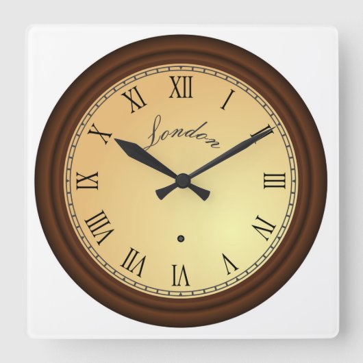 Roman Numeral Simulated Wood Frame London Quadratische Wanduhr (Vorderseite)