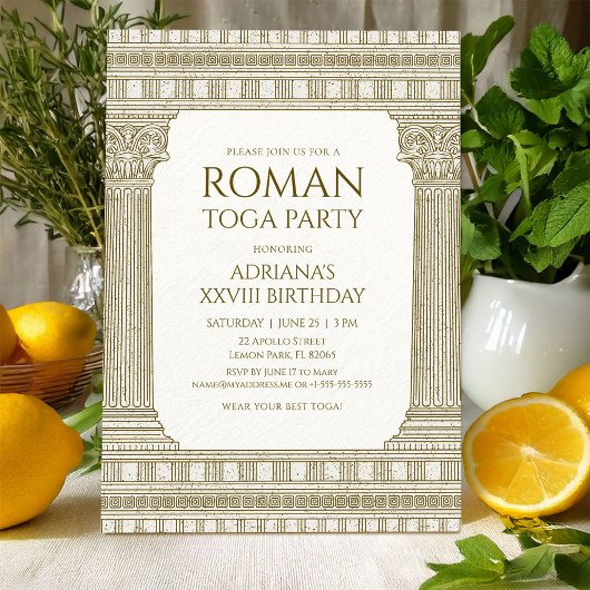 Roman Toga Party mit eleganten Tempelsäulen Einladung