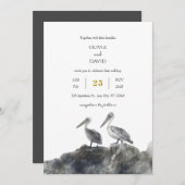 Romance Dusty Pelican Couple Beach Hochzeit am Mee Einladung (Vorne/Hinten)