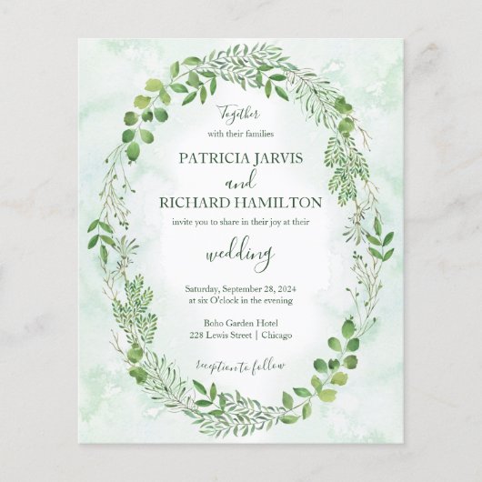 Romance Greenery Budget Hochzeitseinladungen (Vorderseite)