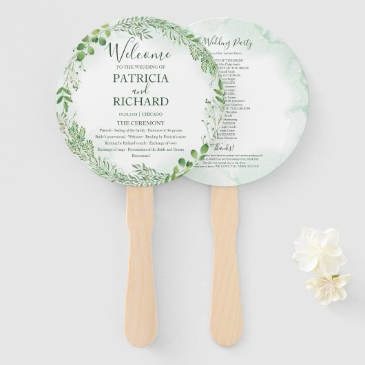 Romance Greenery Wedding Round Program Fächer (Vorne und Hinten)