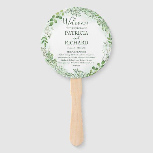 Romance Greenery Wedding Round Program Fächer (Vorderseite)