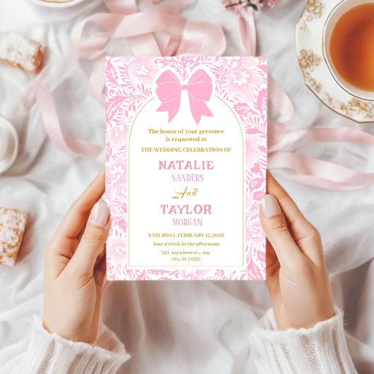 Romance Valentine’s Day Pink Bow Floral Wedding Einladung