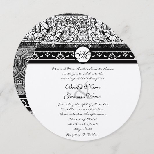 Romanesque Black Damask Wirbel Hochzeit Einladung (Vorne/Hinten)