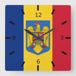 Romania flag-coat of arms   quadratische wanduhr