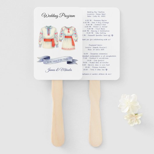 Romanian Bilingual Wedding Program Fan Rustic Fächer (Vorne und Hinten)