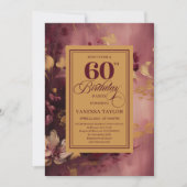 Romantic 60th Birthday Burgundy Floral Gold Invite Einladung (Vorderseite)