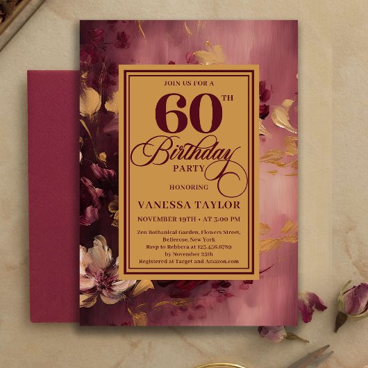 Romantic 60th Birthday Burgundy Floral Gold Invite Einladung