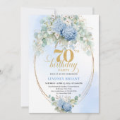 Romantic 70th Birthday Blue Floral Gold Invitation Einladung (Vorderseite)