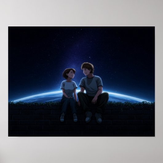Romantic Anime Couple Sitting Under Starry Cosmos Poster (Vorne)